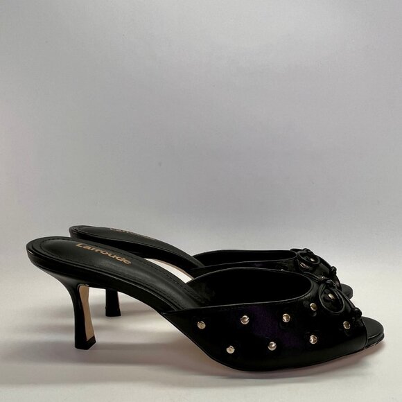 Larroude Jasmine Black Studded Leather Mule Size 8 Peep Toe Heel Slip-On - Picture 9 of 16